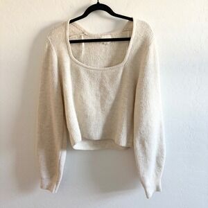 H‎ M Cream Ribbed Square Neck Long Sleeve Cropped Sweater Size L